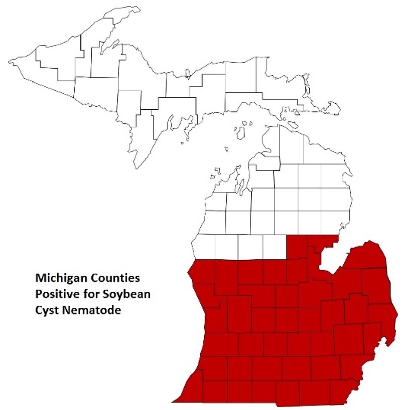 Map of Michigan with lower half of counties highlighted in red.